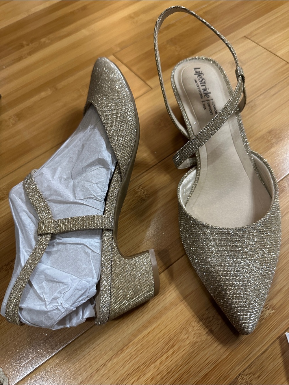 Life Stride Gold Glitter Slingback Low Block Heel